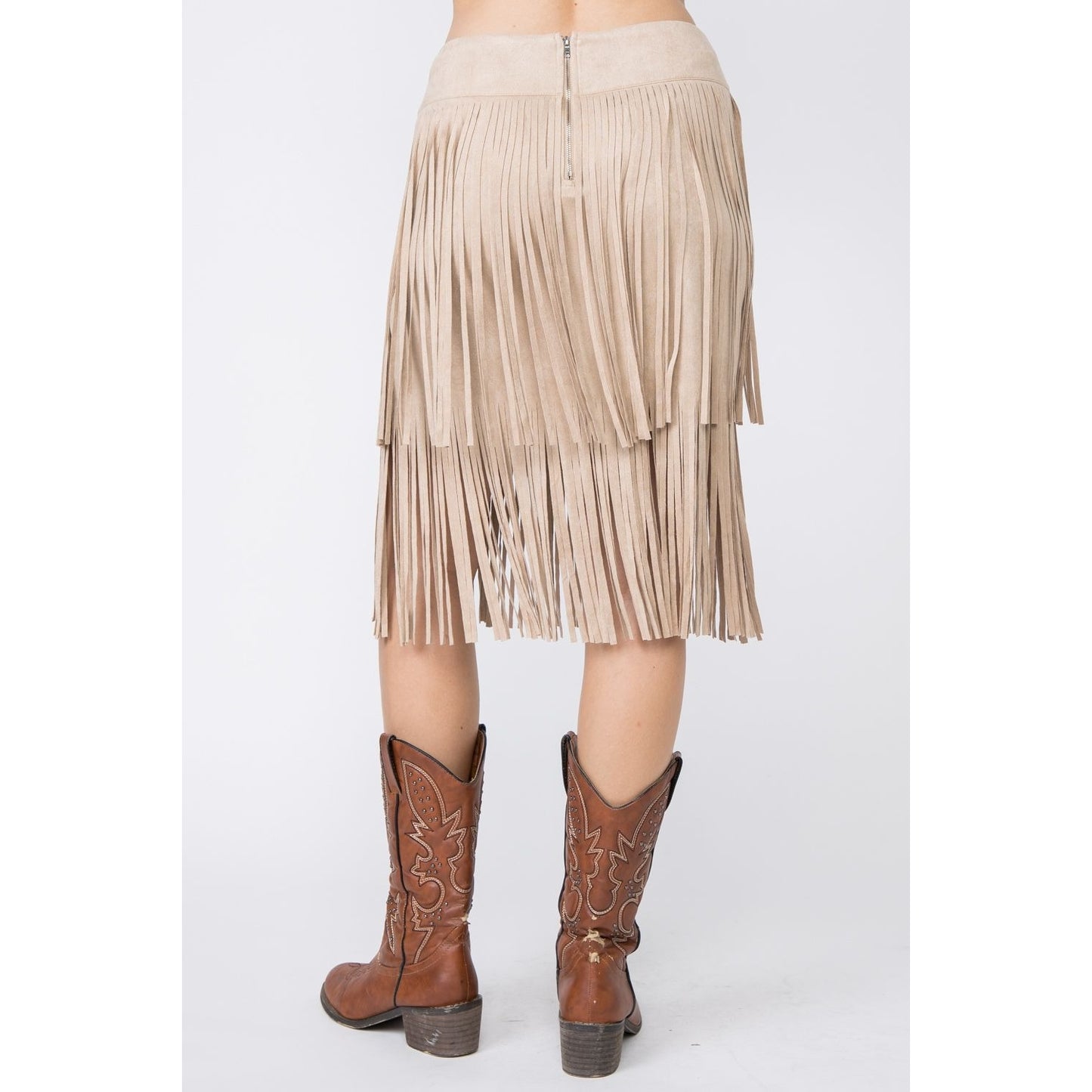 The Nashville Nights Taupe Suede Fringe Skirt