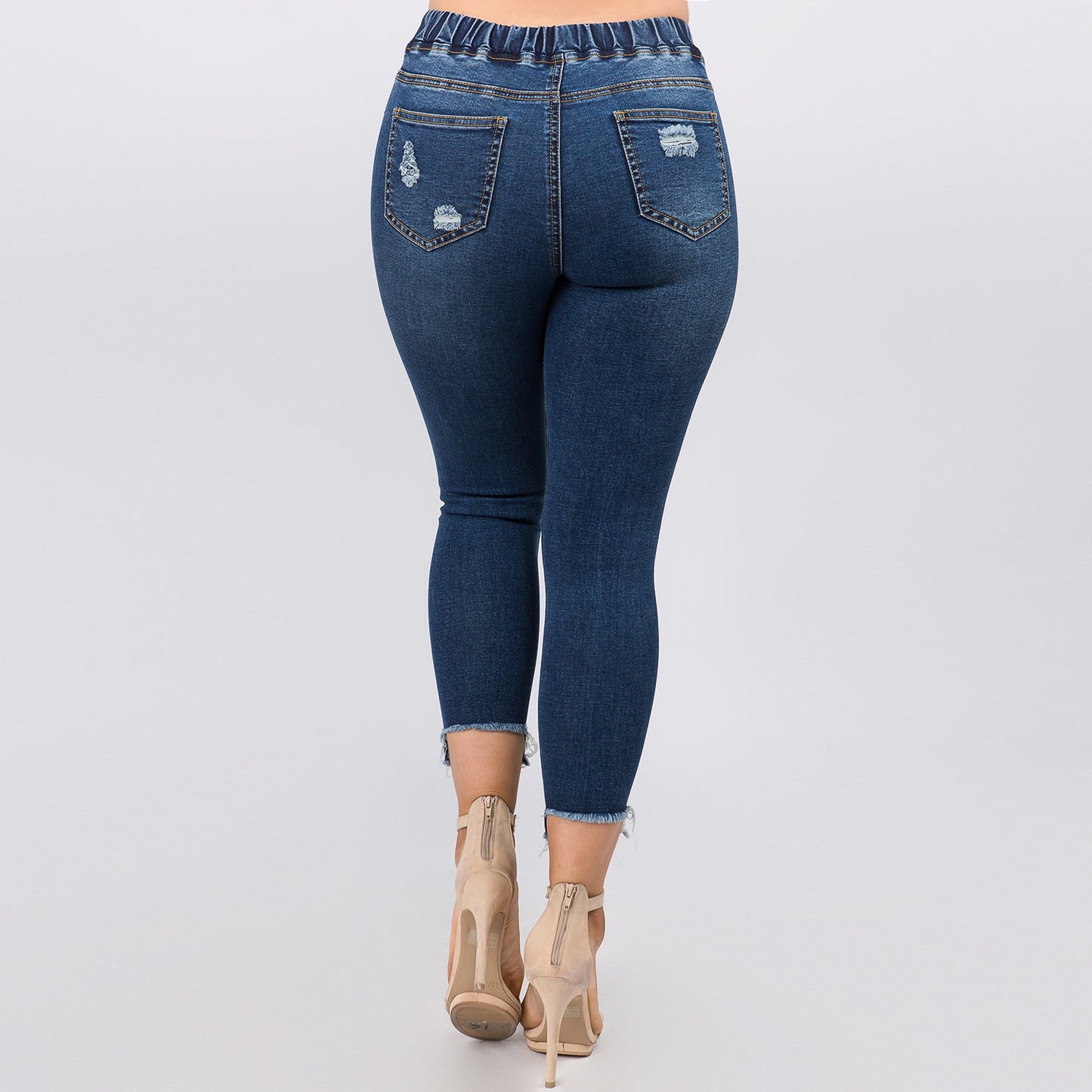 Womens’ CURVY Distressed Stretch Skinny Denim Jogger With Drawstrings - Dark Blue