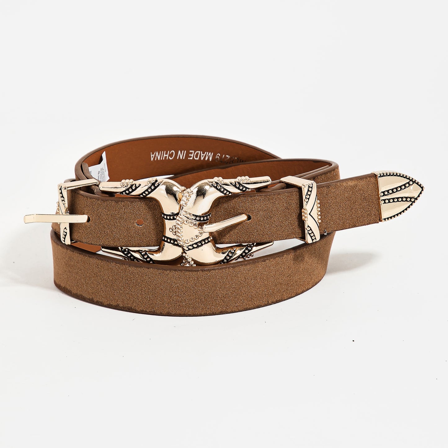 Western Faux Leather Double Buckle Belt - Brown