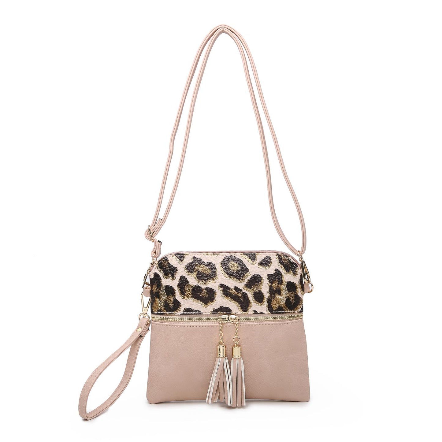 Tara Tassel Vegan Leather Crossbody Bag - Metallic Leopard/Blush