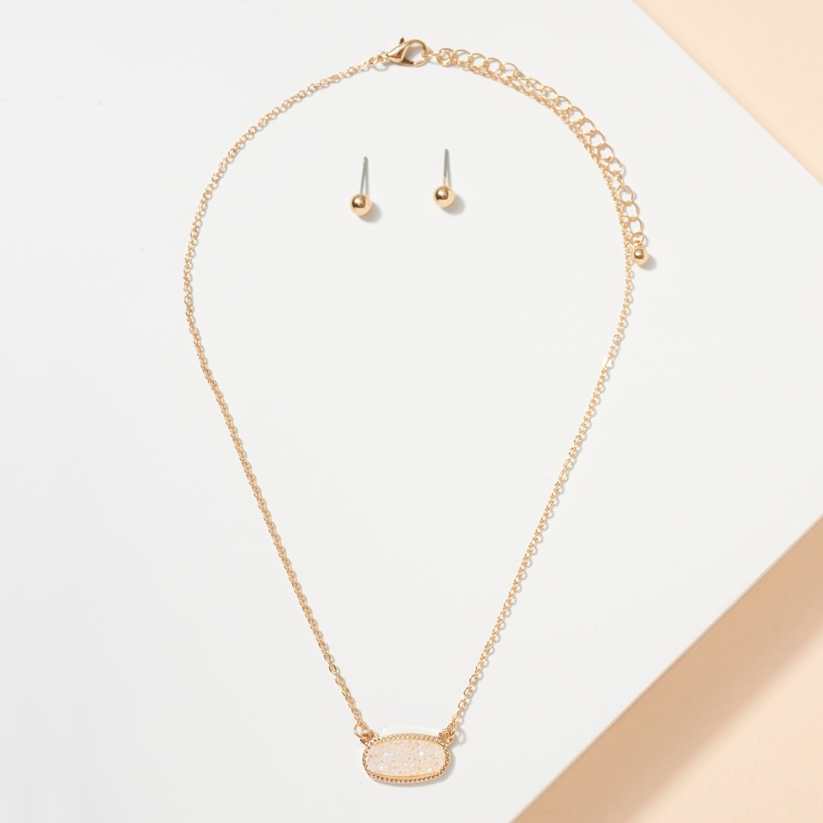 Dainty Oval Druzy Pendant Necklace & Earring Set - Abalone on Gold