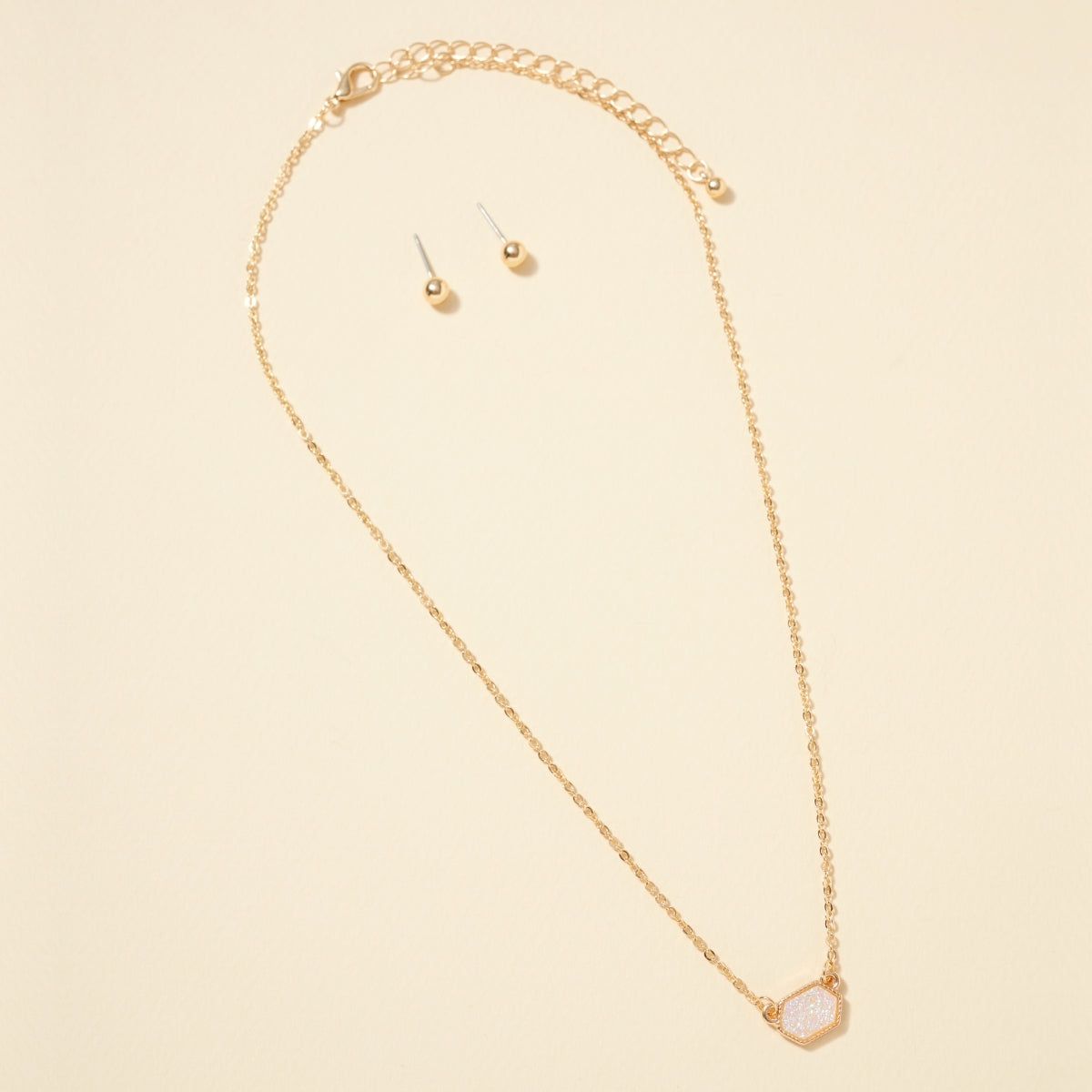 Dainty Hexagon Druzy Pendant Necklace & Earring Set - Abalone on Gold