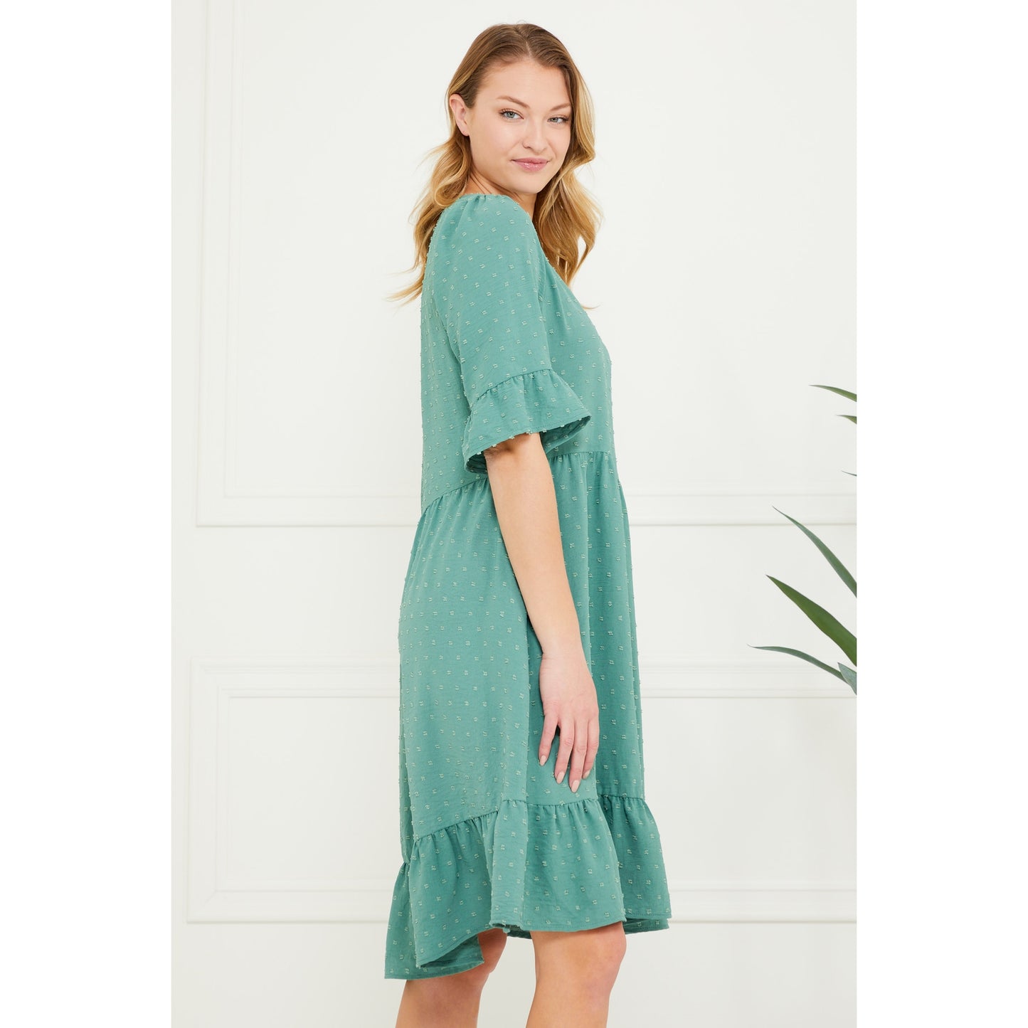 The Railynn Green Woven Textured Babydoll Dress - USA Made