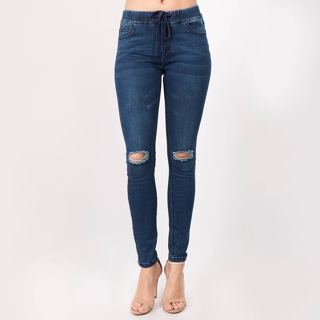 Womens Distressed Knee Skinny Stretch Denim Jogger With Drawstrings - Dark Blue