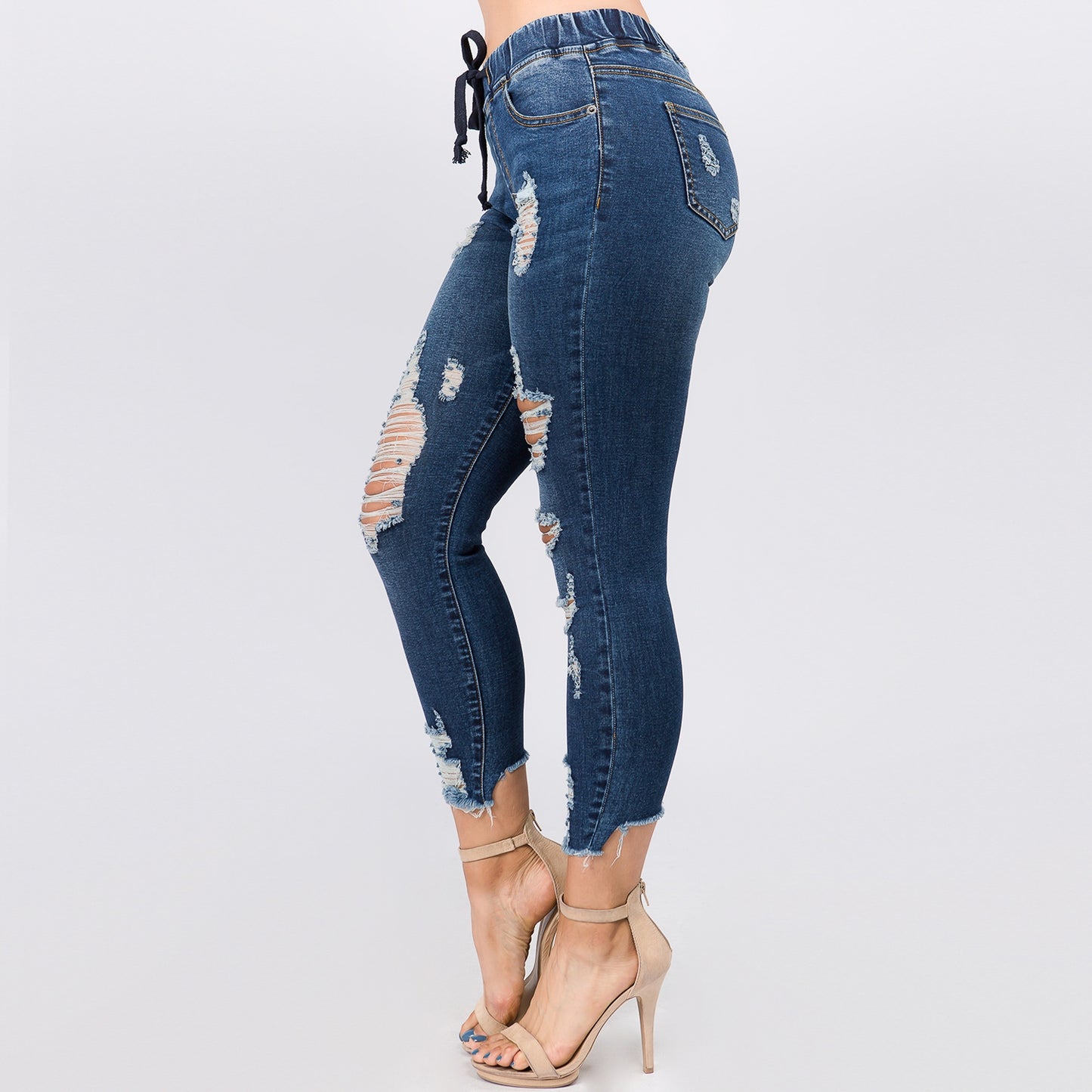 Womens’ CURVY Distressed Stretch Skinny Denim Jogger With Drawstrings - Dark Blue