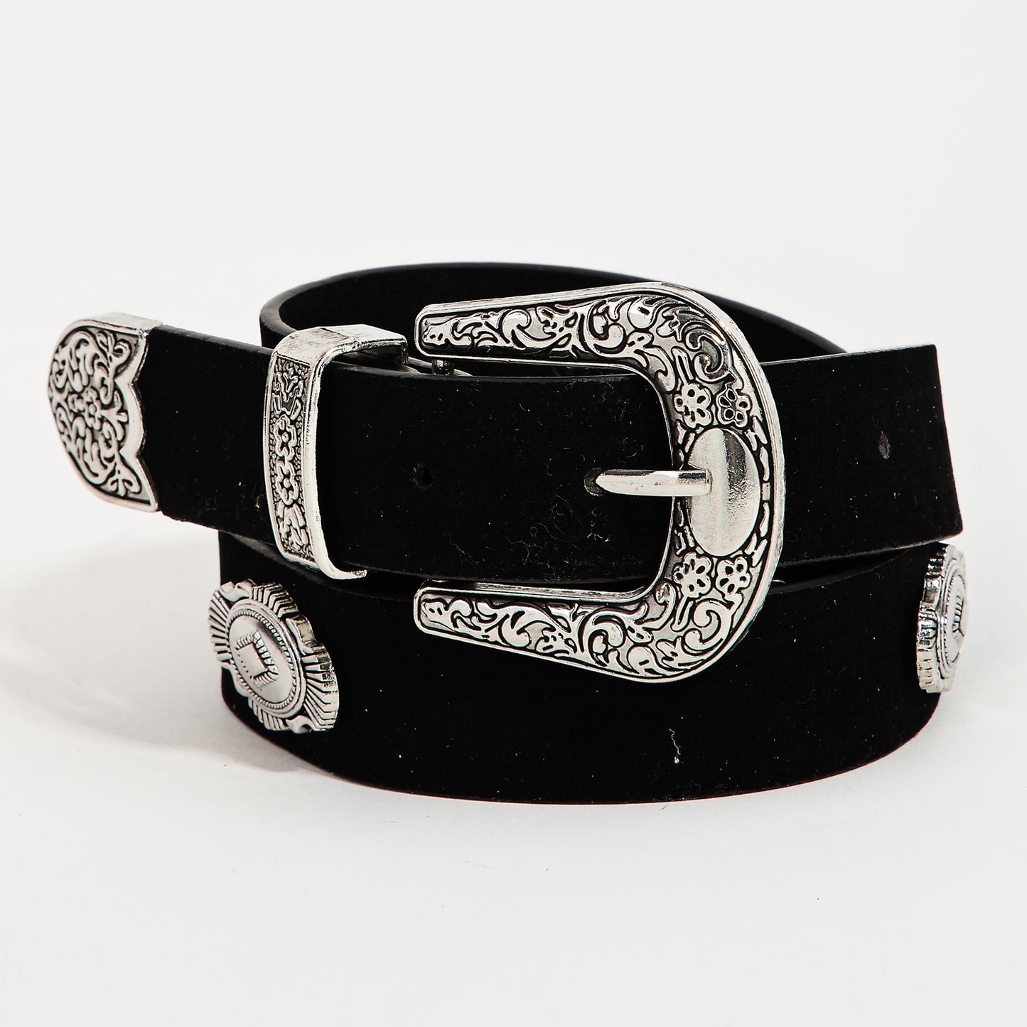 Engraved Buckle Faux Leather Western Concho Belt - Black