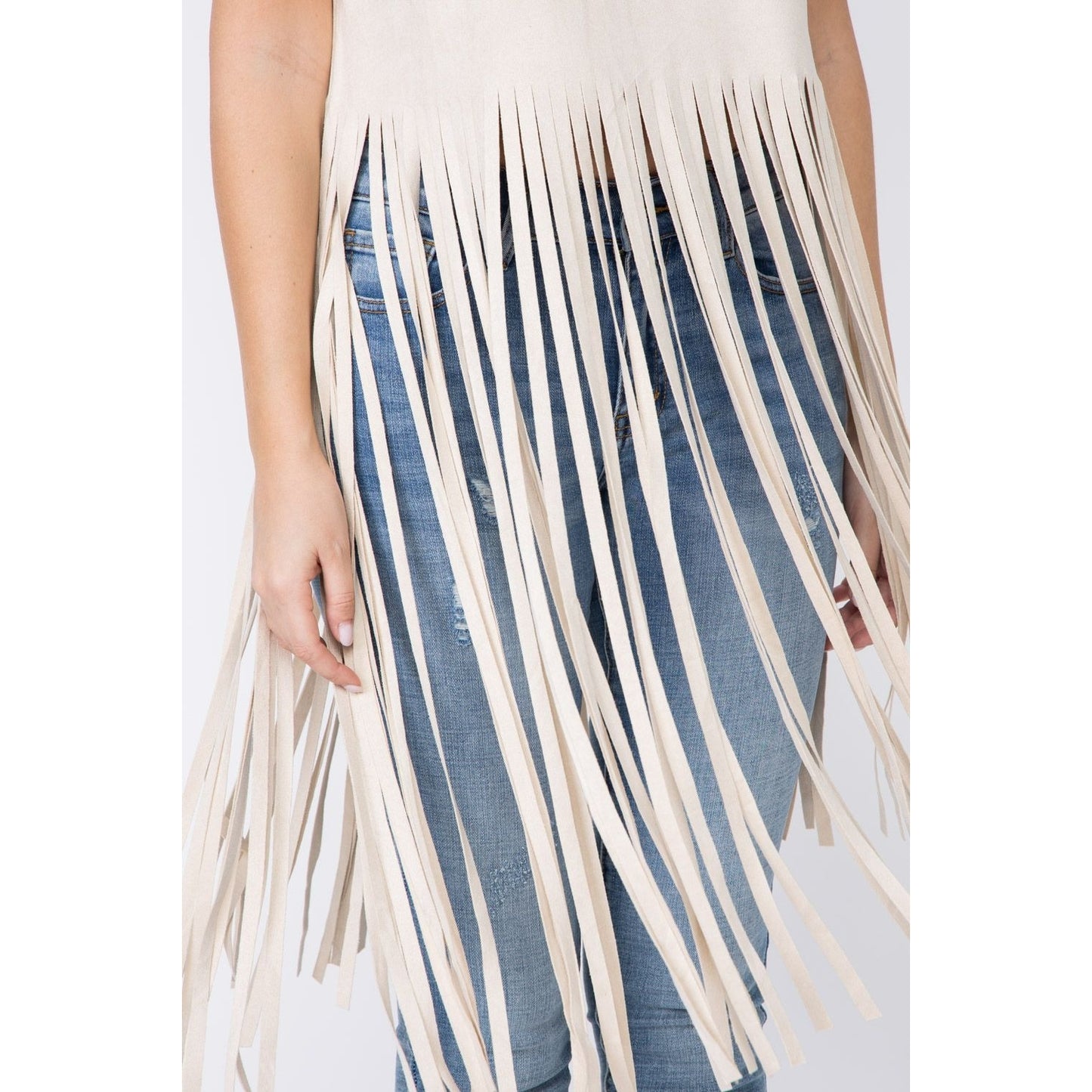 FINAL SALE - Natural Suede SS Long Fringed Top