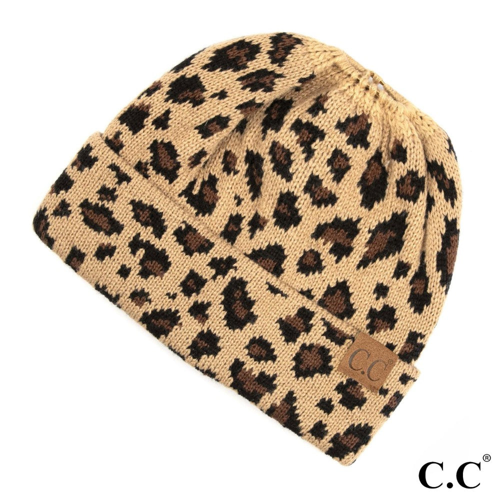 CC Solid Color Ribbed Knit Messy Bun Beanie with Leopard Cuff - MB45