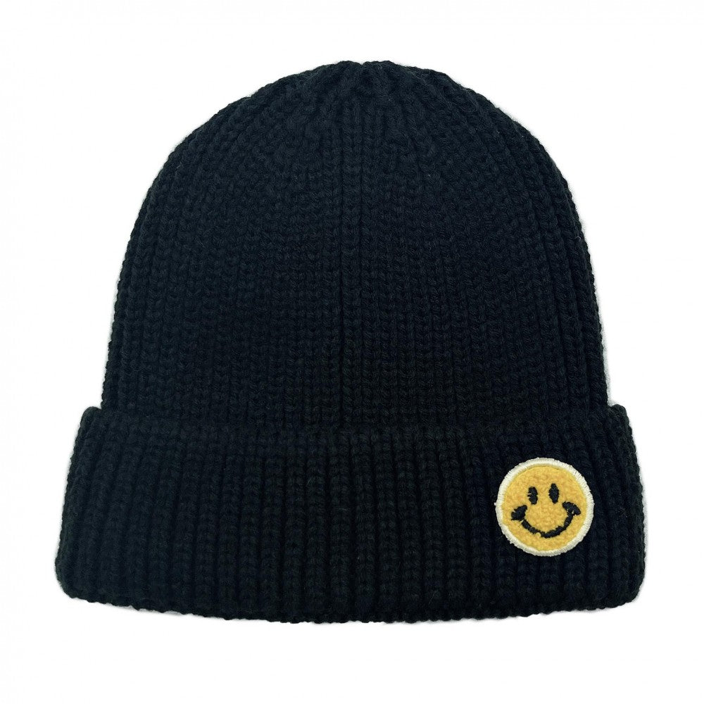 Smiley Face Patch Ribbed Knit Beanie - Asst. Colors