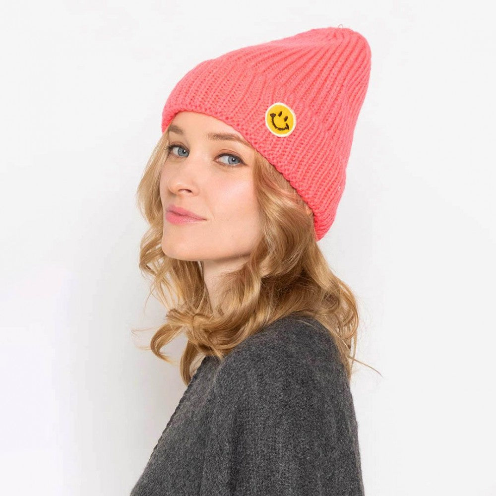 Smiley Face Patch Ribbed Knit Beanie - Asst. Colors