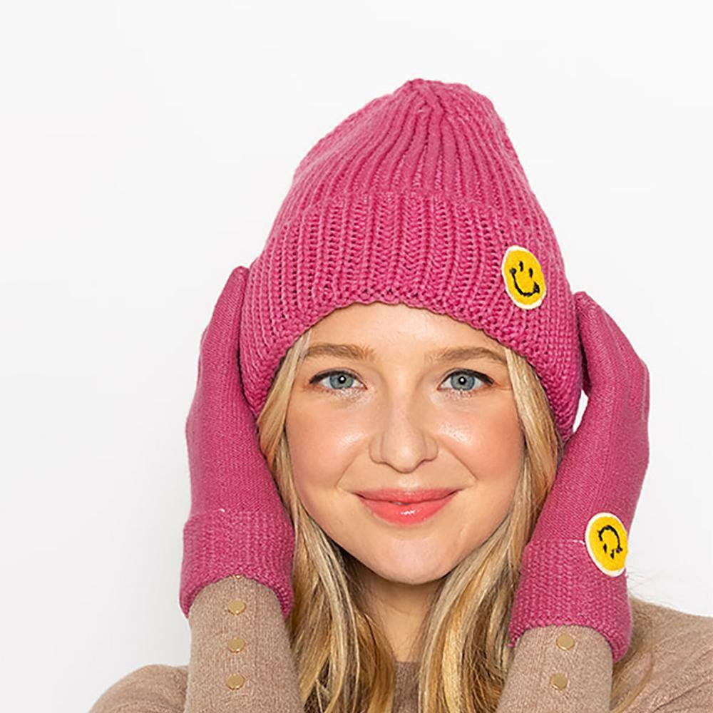 Smiley Face Patch Ribbed Knit Beanie - Asst. Colors