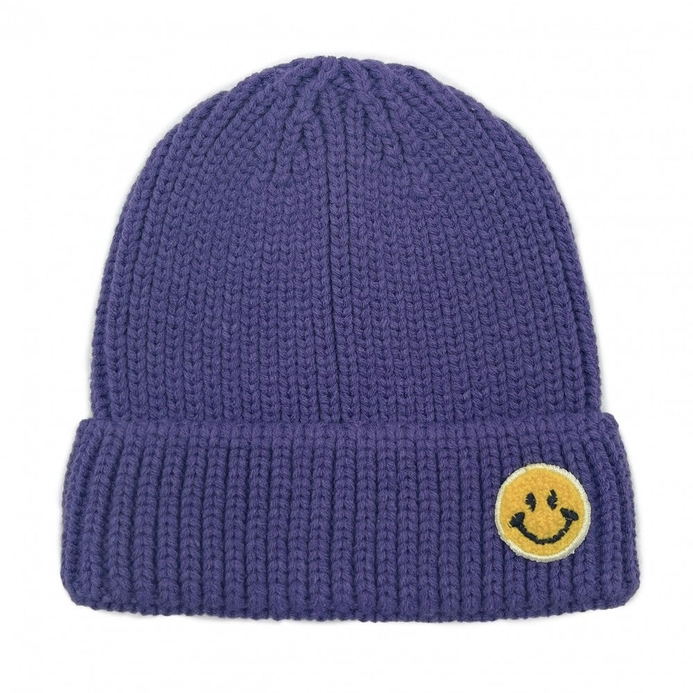 Smiley Face Patch Ribbed Knit Beanie - Asst. Colors