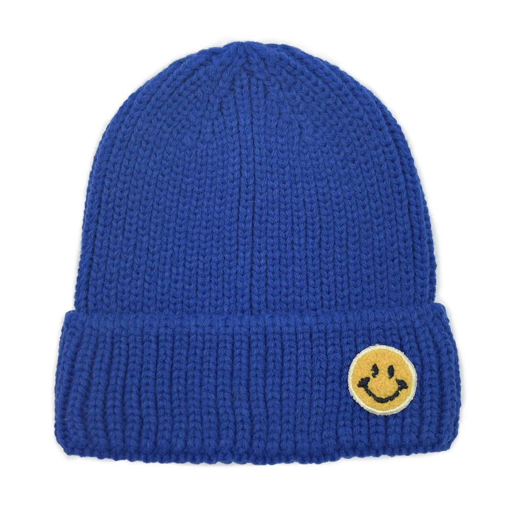 Smiley Face Patch Ribbed Knit Beanie - Asst. Colors
