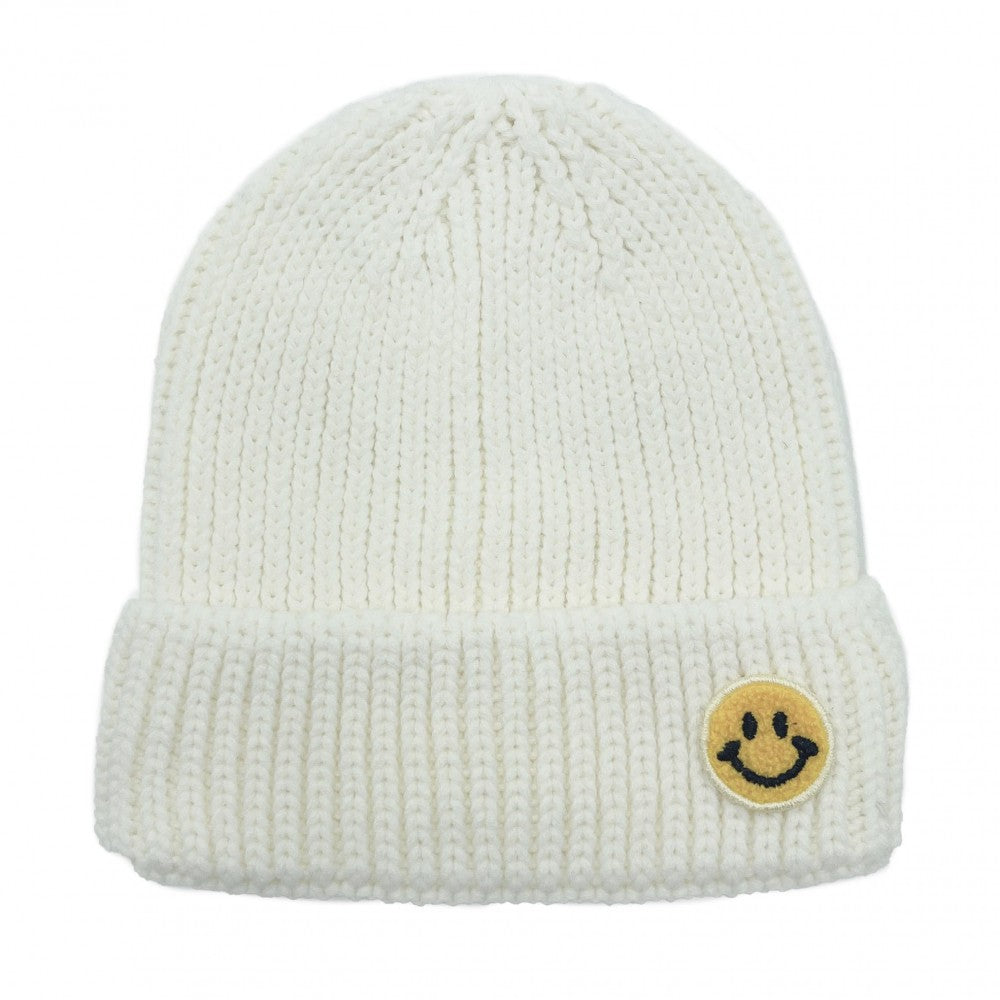 Smiley Face Patch Ribbed Knit Beanie - Asst. Colors