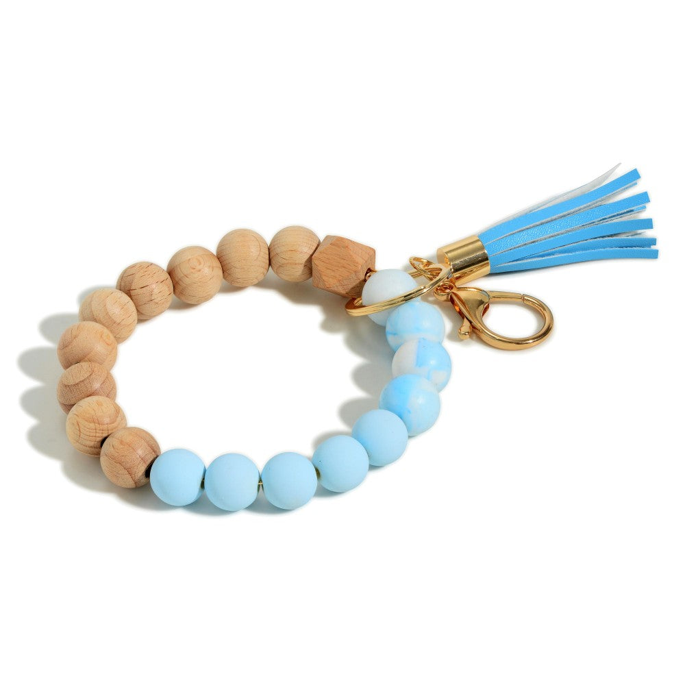 Wood + Rubber Beaded Keyring Bangle - Blue