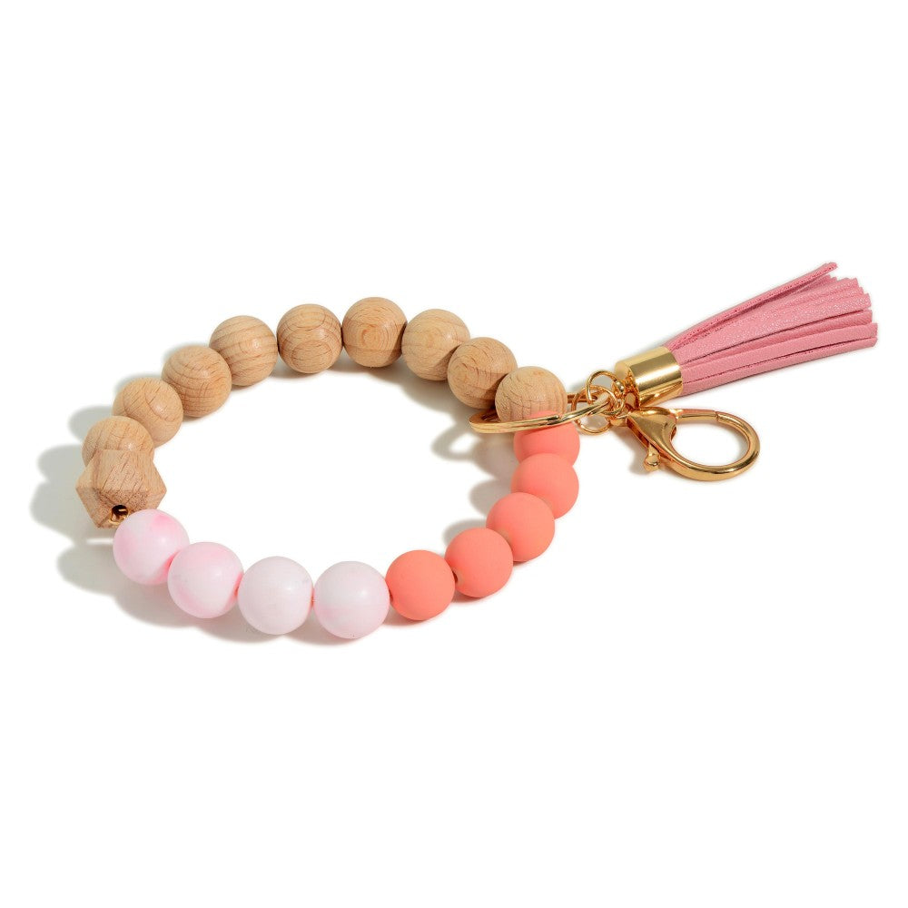 Wood + Rubber Beaded Keyring Bangle - Pink