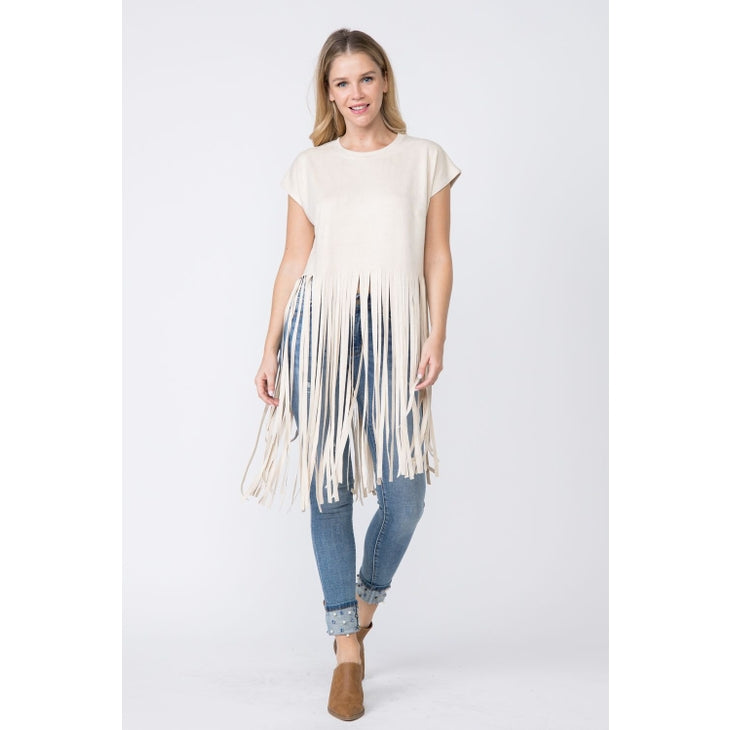 FINAL SALE - Natural Suede SS Long Fringed Top