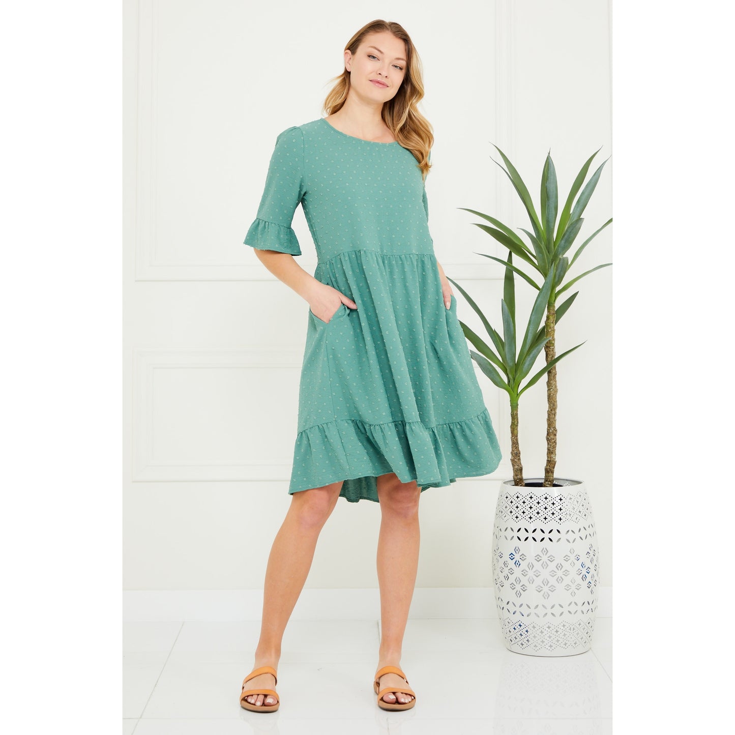 The Railynn Green Woven Textured Babydoll Dress - USA Made