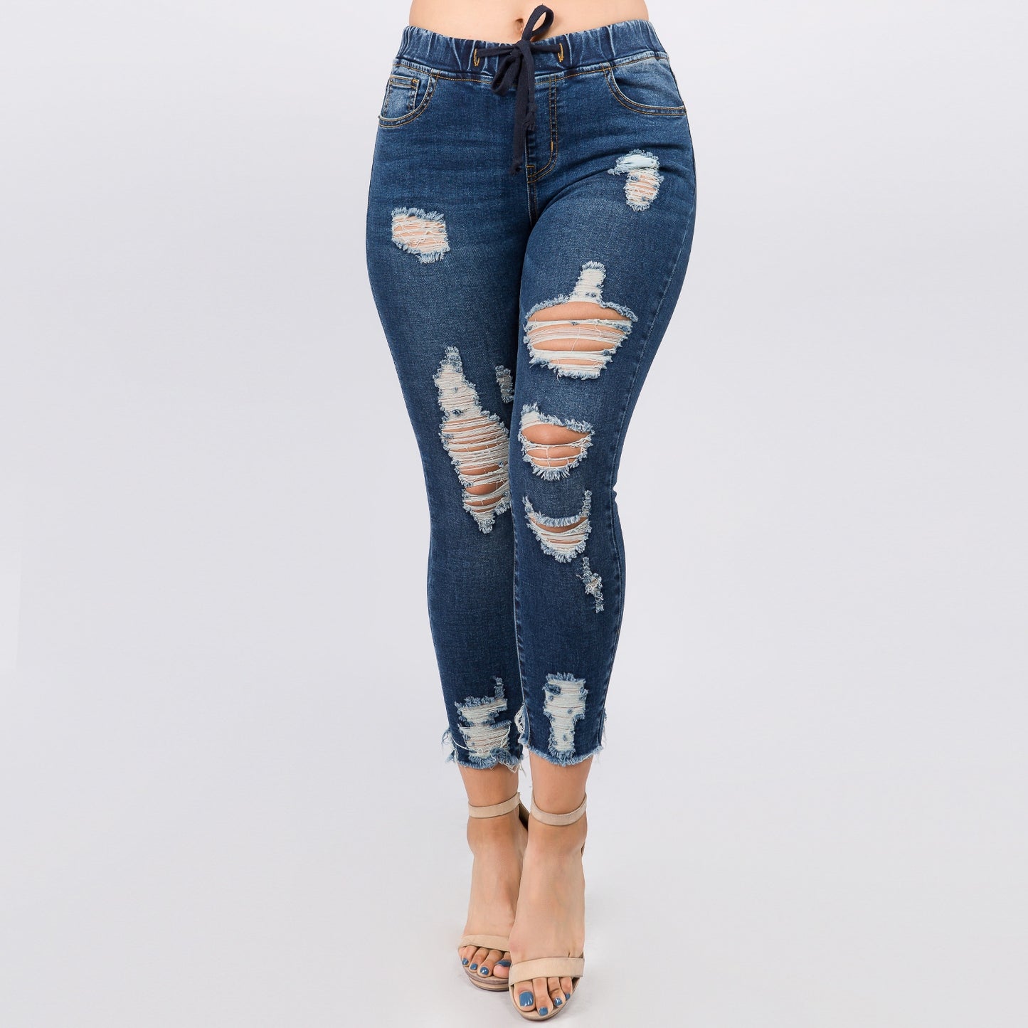 Womens’ CURVY Distressed Stretch Skinny Denim Jogger With Drawstrings - Dark Blue