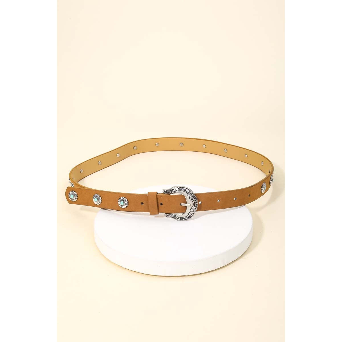 Engraved Buckle Faux Leather Western Concho Belt - Brown
