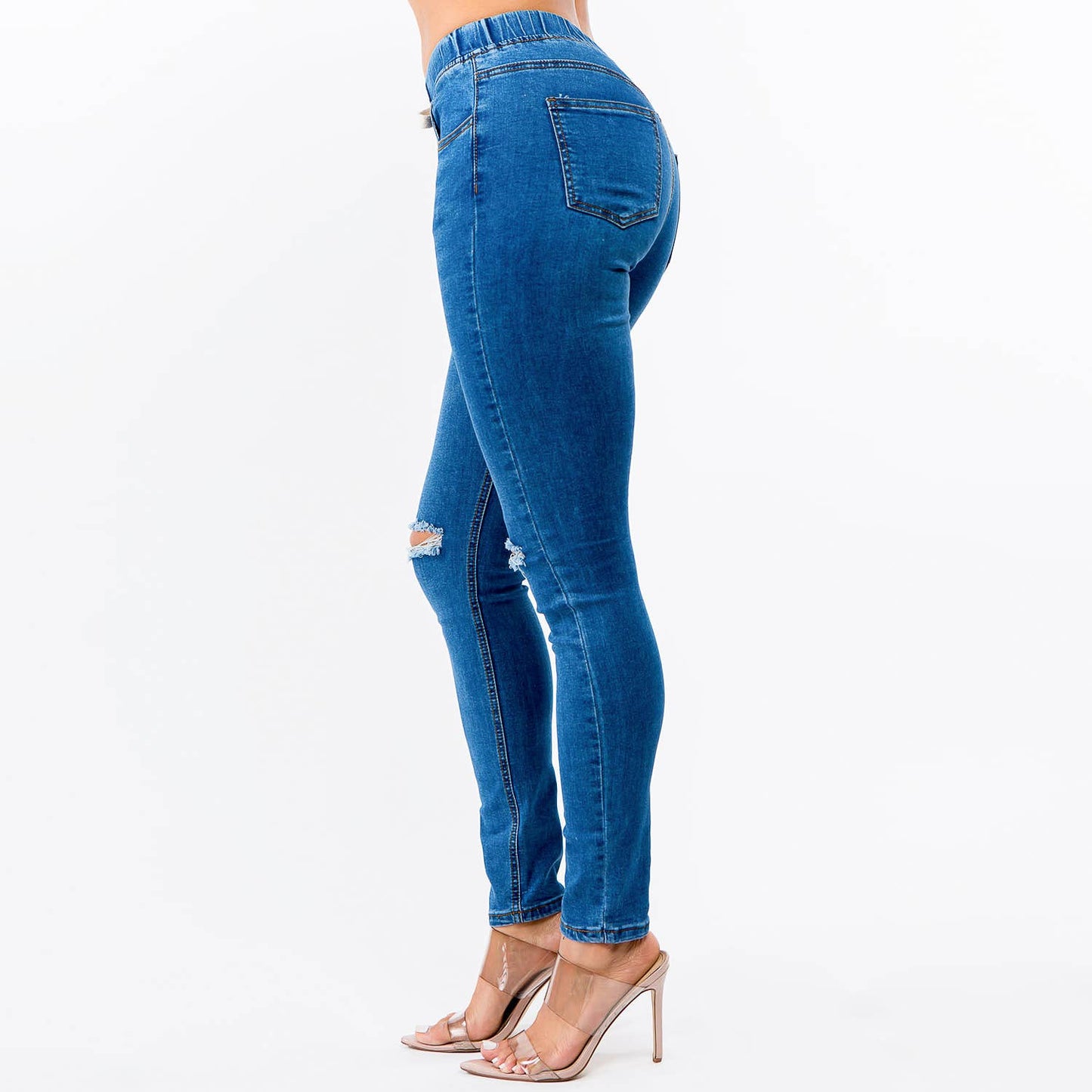 Curvy Distressed Knee Skinny Stretch Denim Drawstring Jogger - Dark Blue