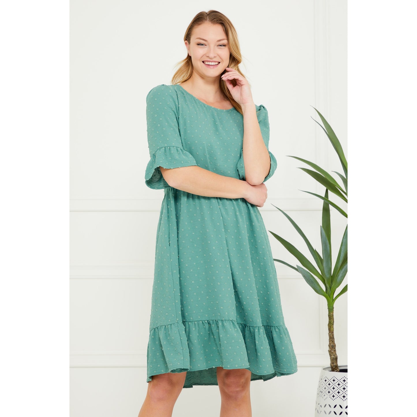 The Railynn Green Woven Textured Babydoll Dress - USA Made