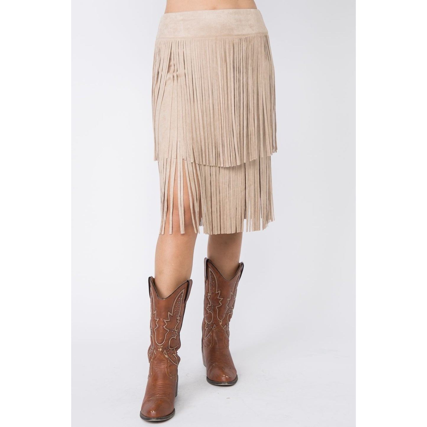 The Nashville Nights Taupe Suede Fringe Skirt