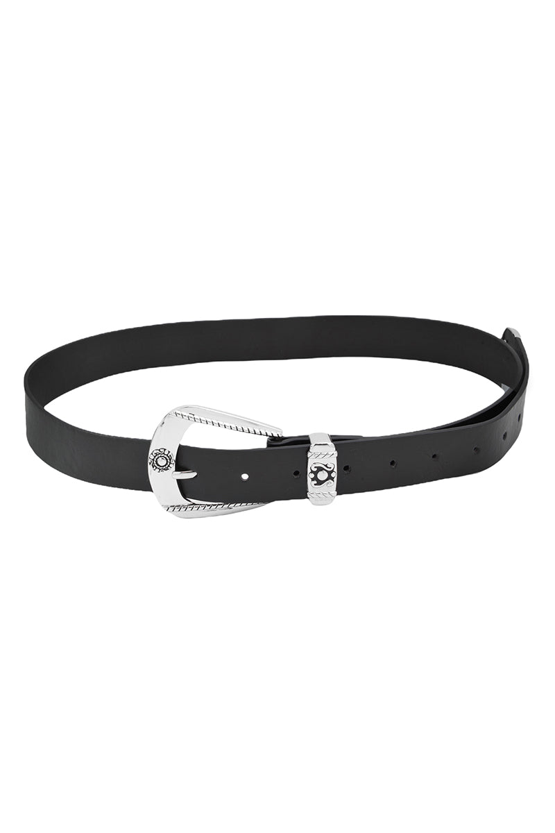 Engraved Buckle Faux Leather Western Belt - Silver Black