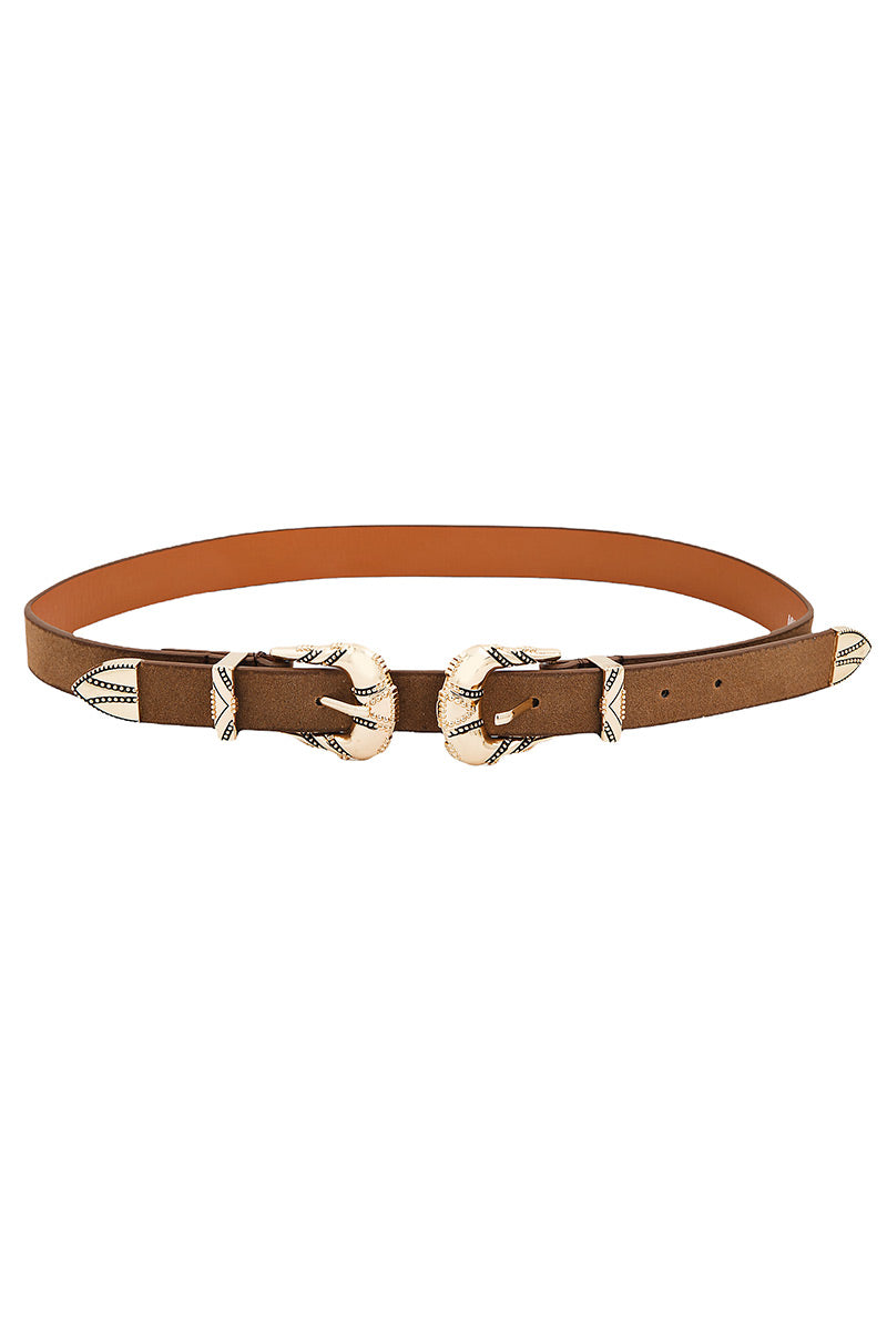 Western Faux Leather Double Buckle Belt - Brown