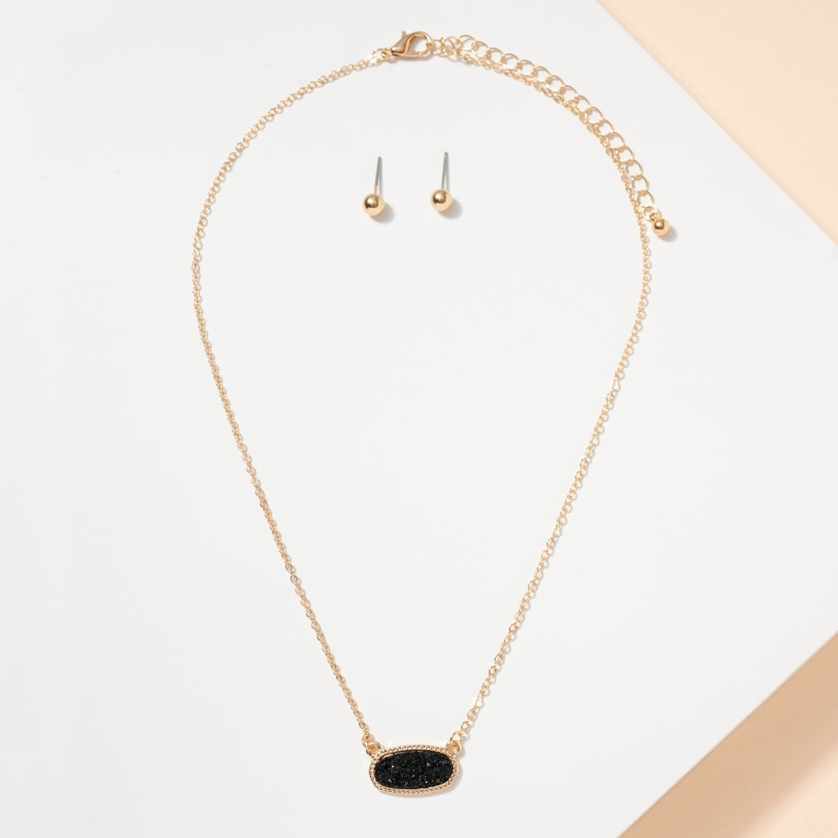 Dainty Oval Druzy Pendant Necklace & Earring Set - Black on Gold