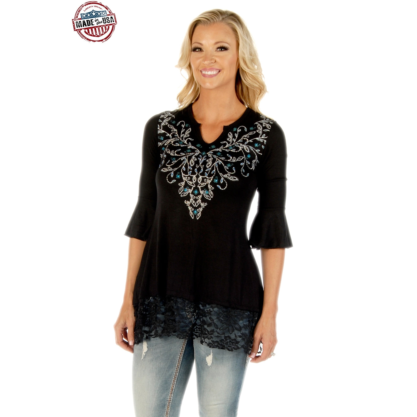 The Sapphira Rhinestone Hem Lace Tunic - USA MADE