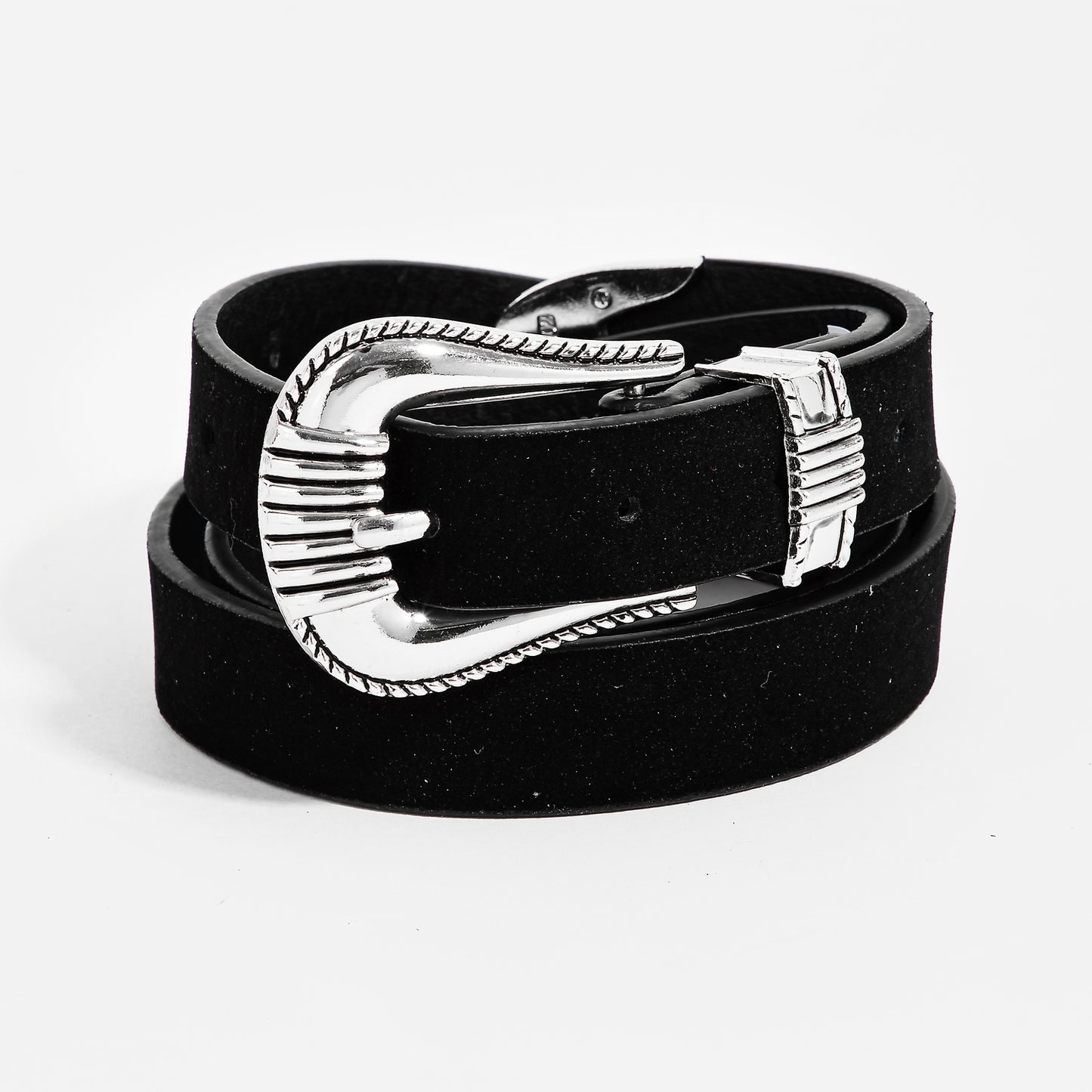 Engraved Buckle Faux Leather Western Belt - Black
