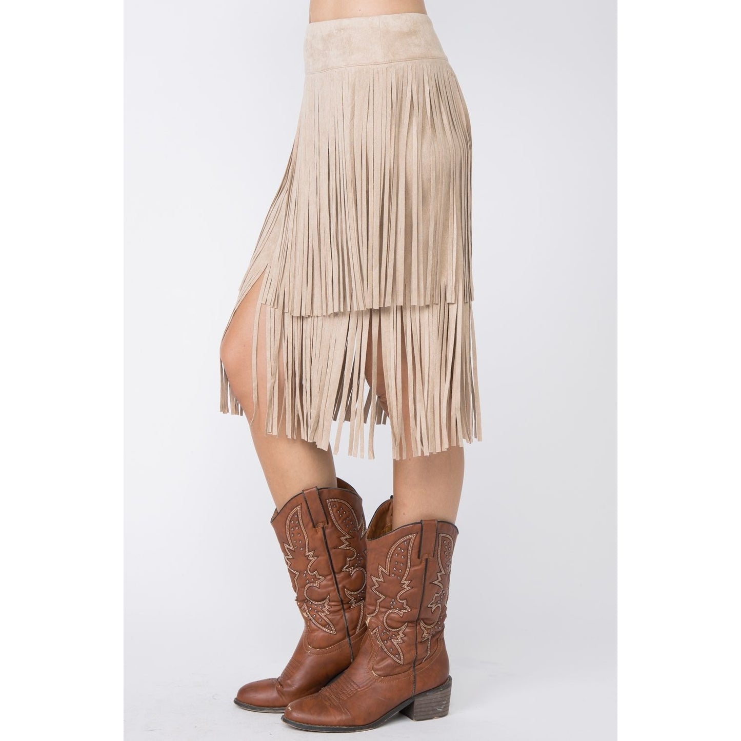 The Nashville Nights Taupe Suede Fringe Skirt