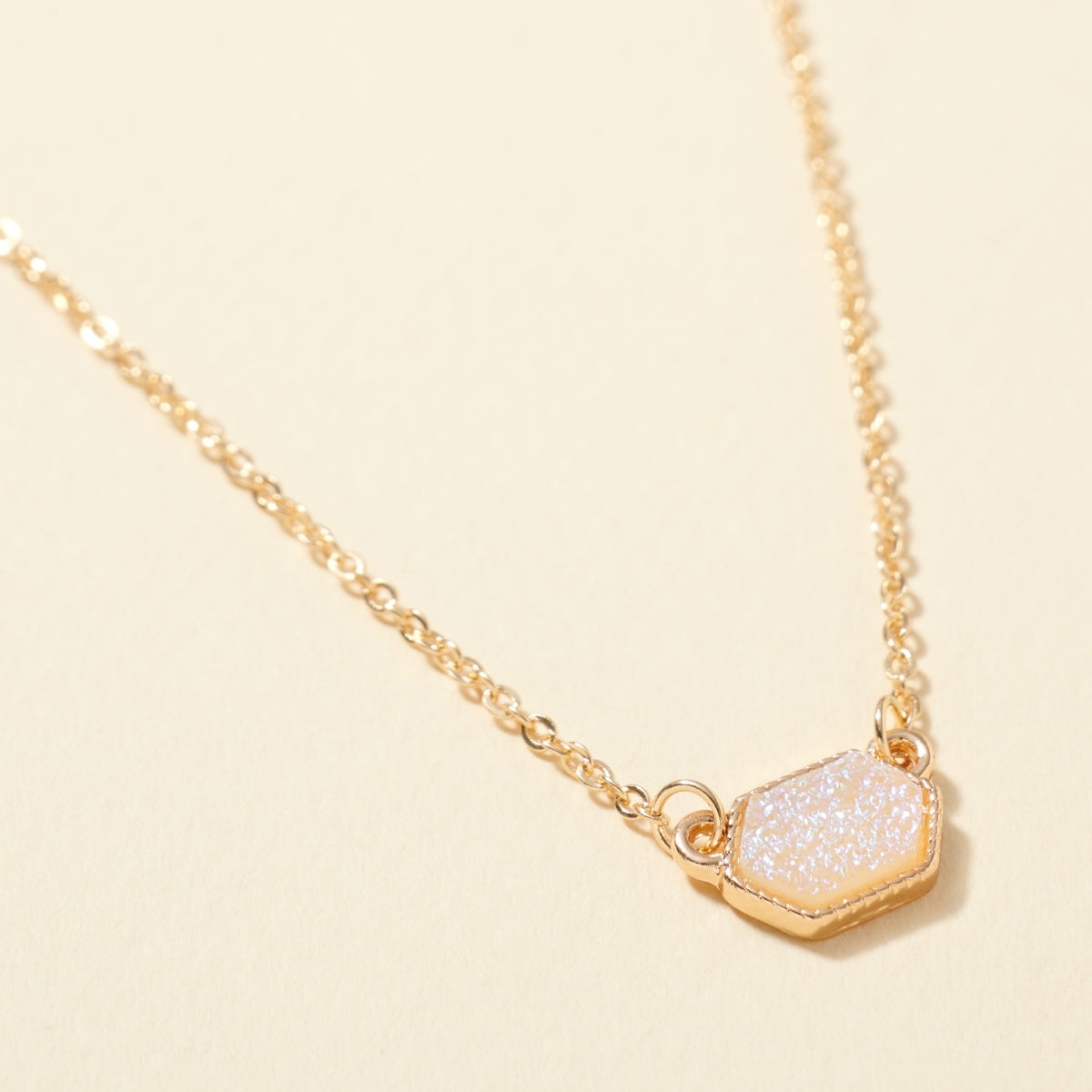 Dainty Hexagon Druzy Pendant Necklace & Earring Set - Abalone on Gold