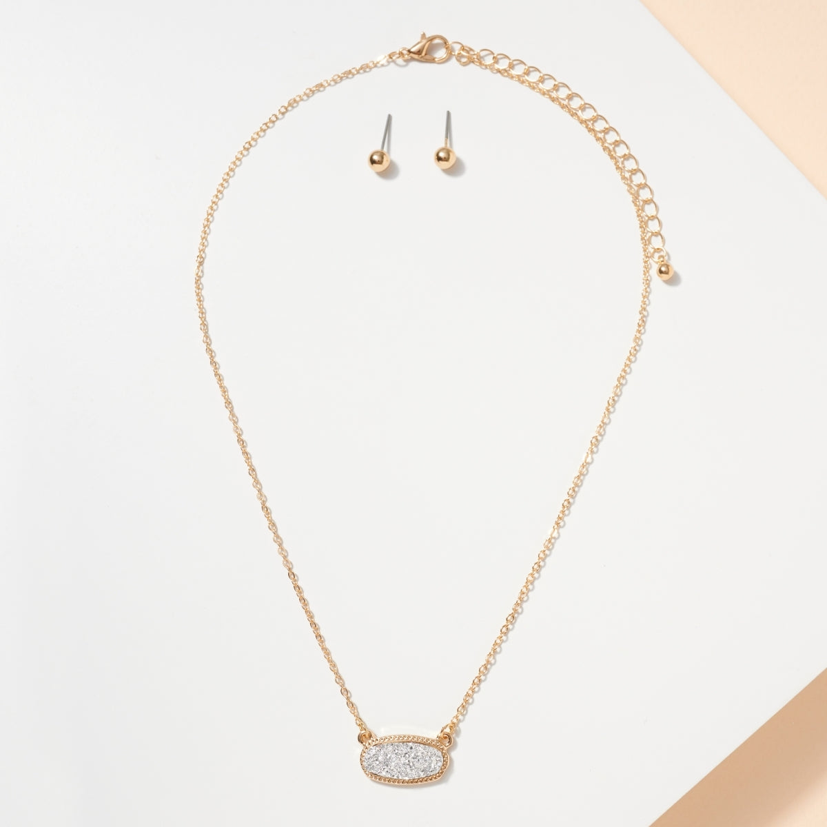 Dainty Oval Druzy Pendant Necklace & Earring Set - Silver on Gold