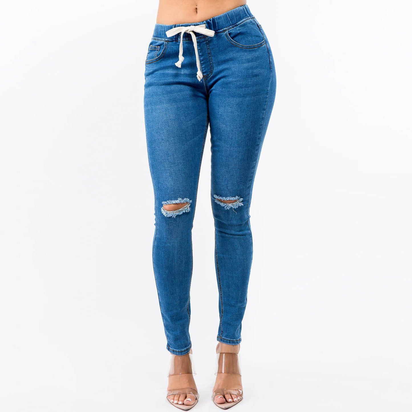 Curvy Distressed Knee Skinny Stretch Denim Drawstring Jogger - Dark Blue