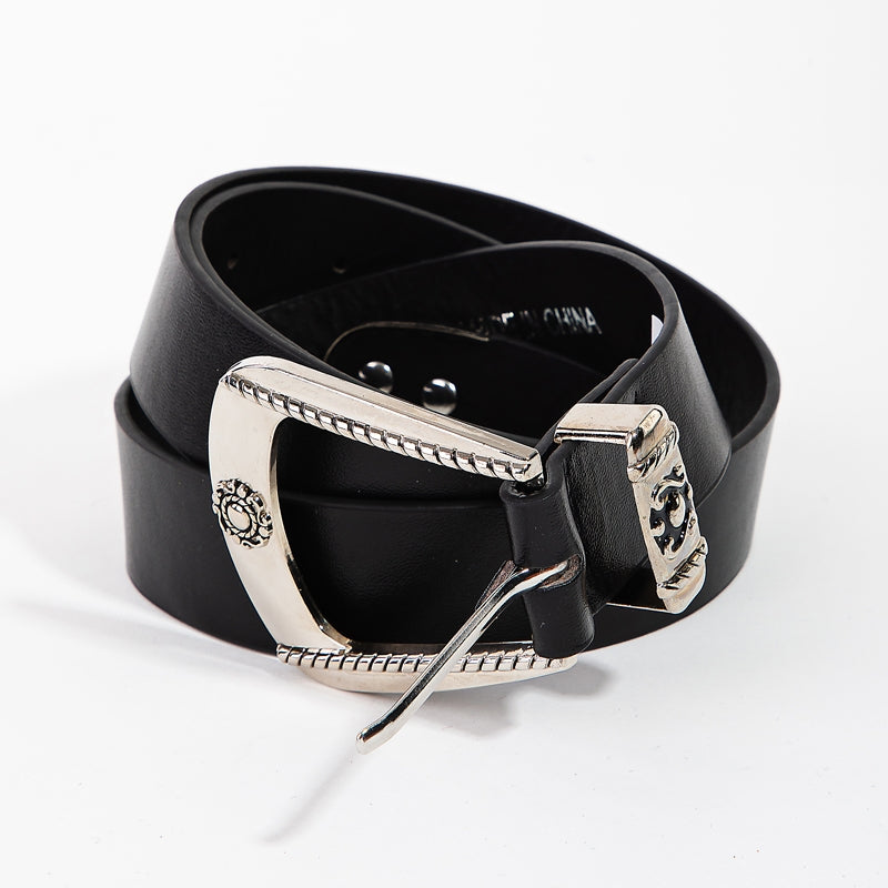 Engraved Buckle Faux Leather Western Belt - Silver Black