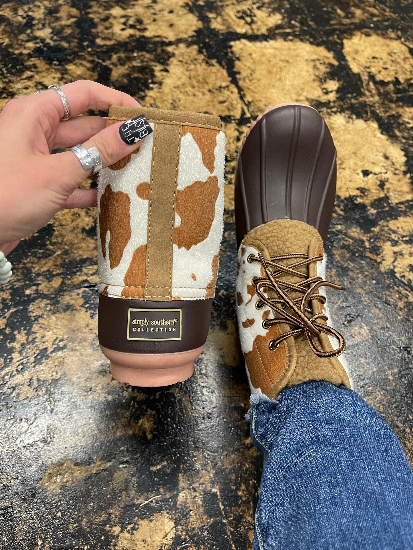 Simply Southern - Lace Up Duck Boots - Cow Print