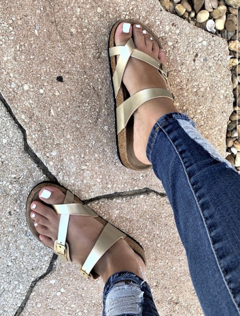 Gold Birk Style Double Buckle Sandals In Stock Now