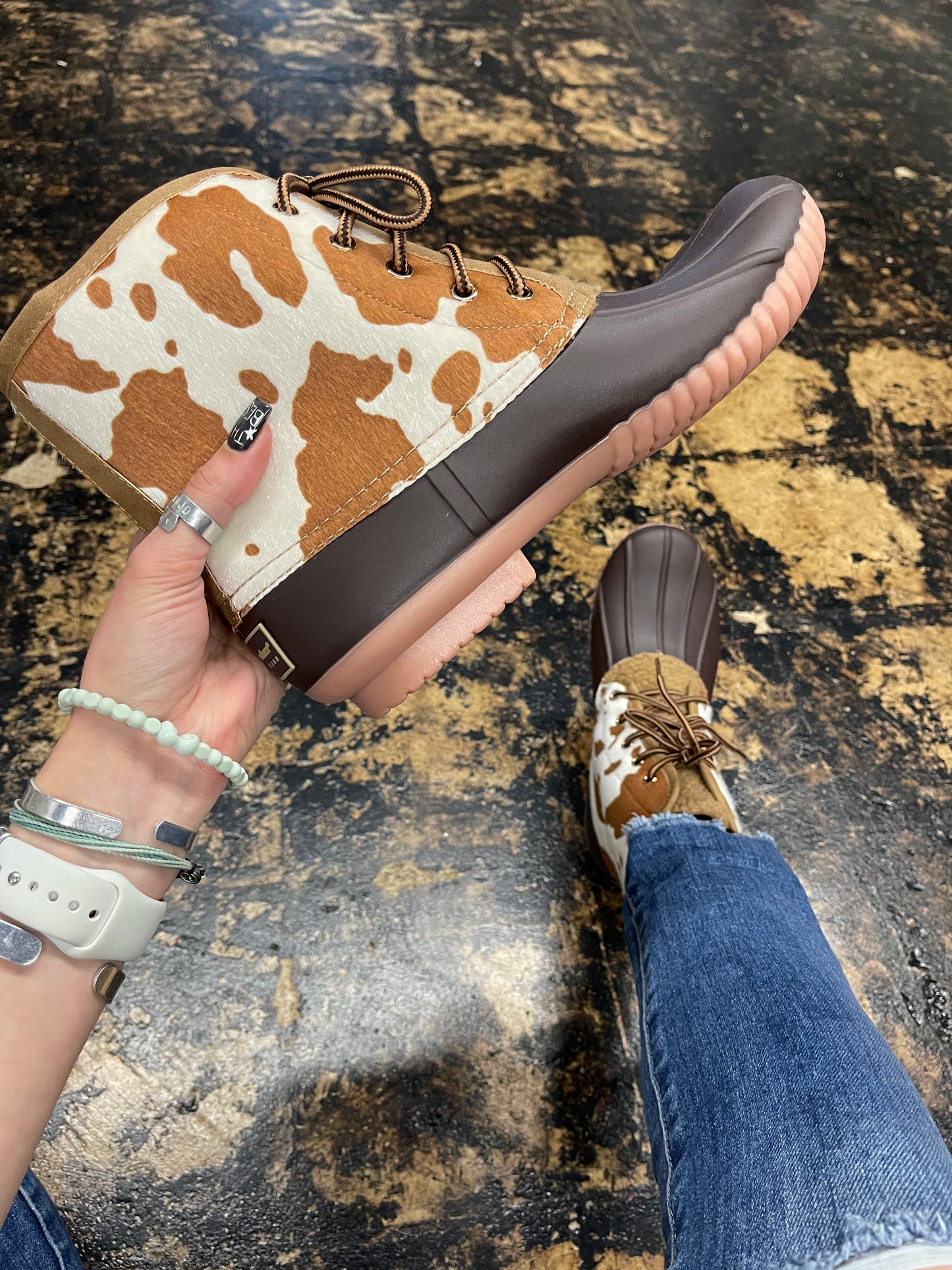 Simply Southern - Lace Up Duck Boots - Cow Print