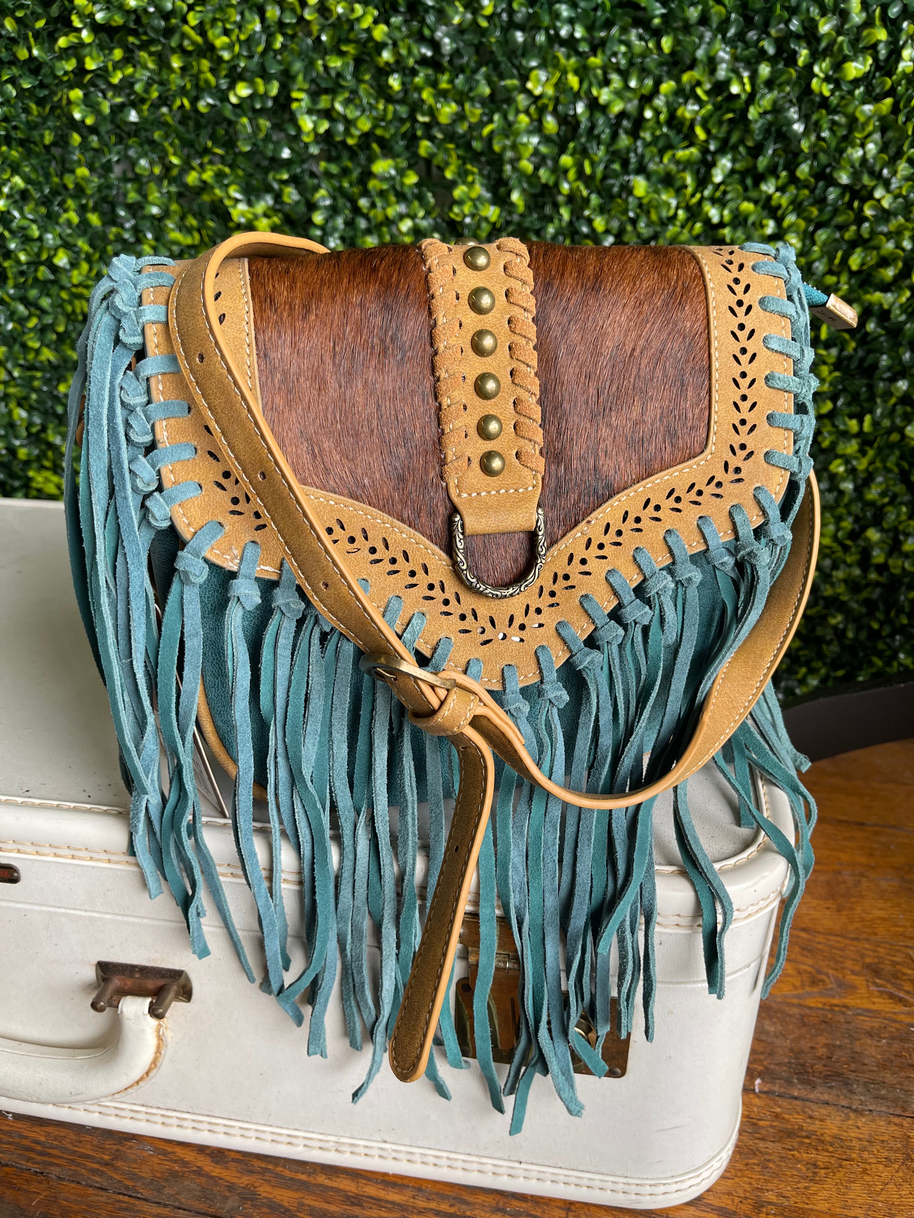 Chasing Cowboys G Upcycled Cowhide Fringe Bag - Turquoise – Style Babes