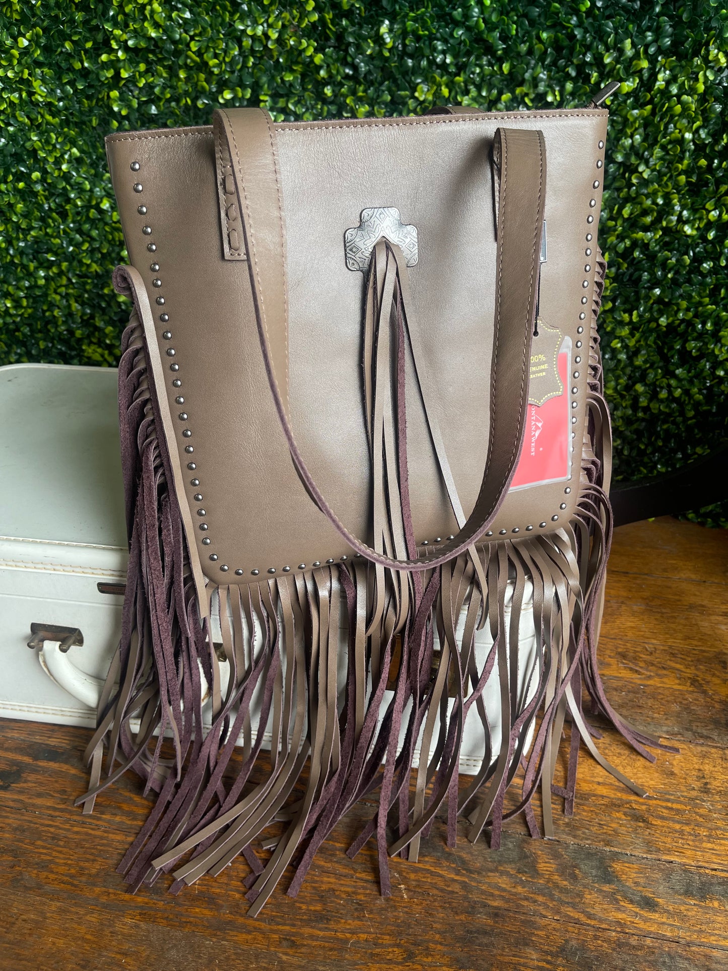Montana West Ansley Genuine Leather Fringe Tote - Khaki