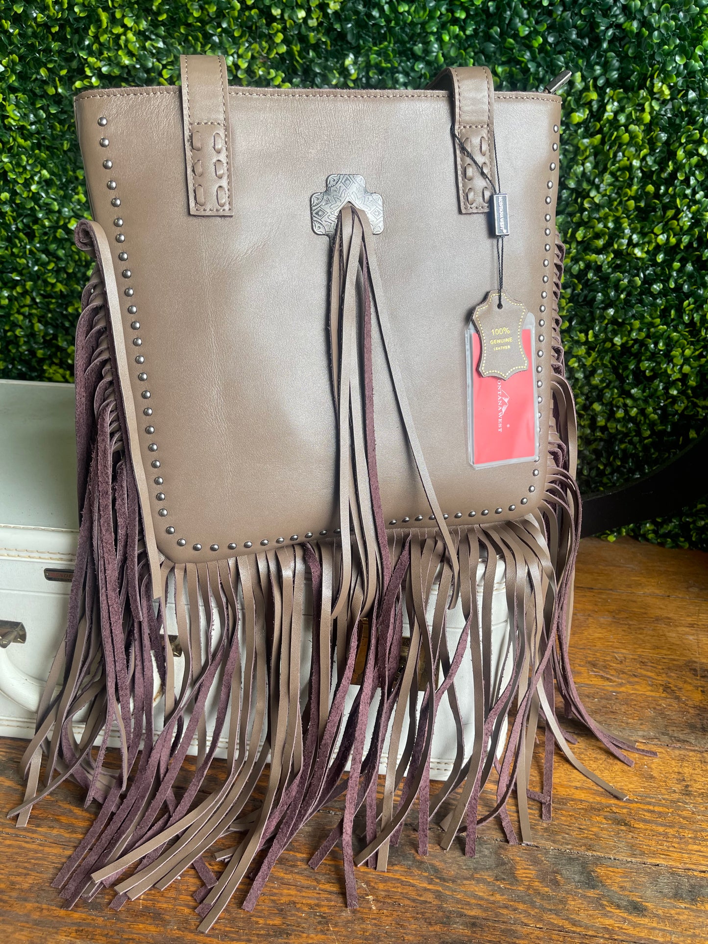 Montana West Ansley Genuine Leather Fringe Tote - Khaki