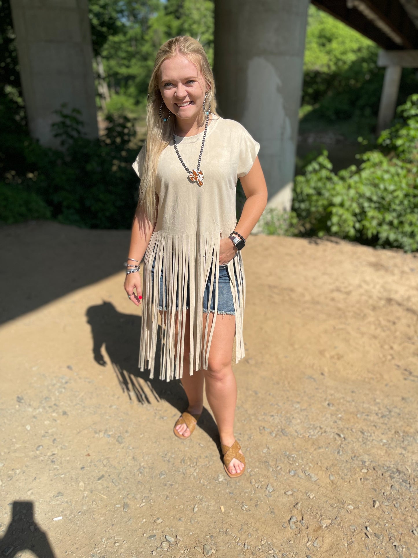 FINAL SALE - Natural Suede SS Long Fringed Top