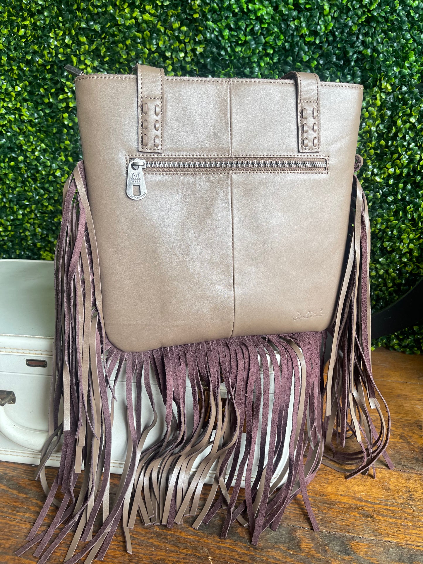 Montana West Ansley Genuine Leather Fringe Tote - Khaki