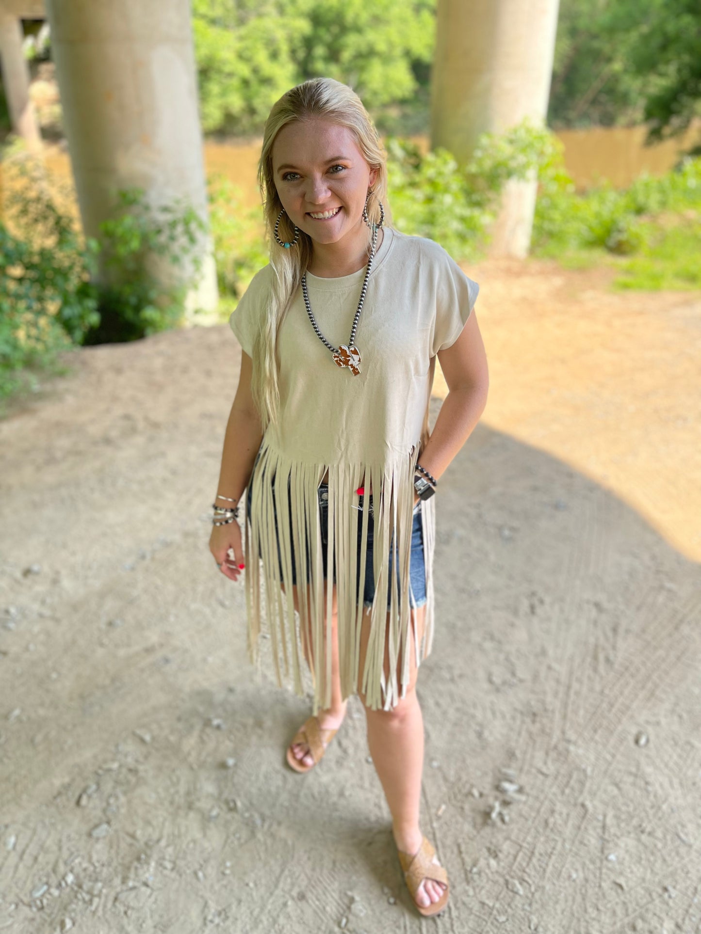 FINAL SALE - Natural Suede SS Long Fringed Top