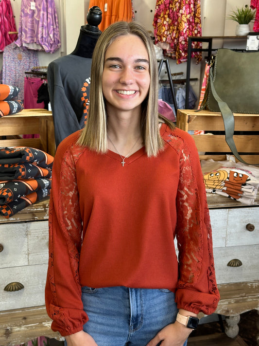 The Betsy Waffle Knit Top - Rust