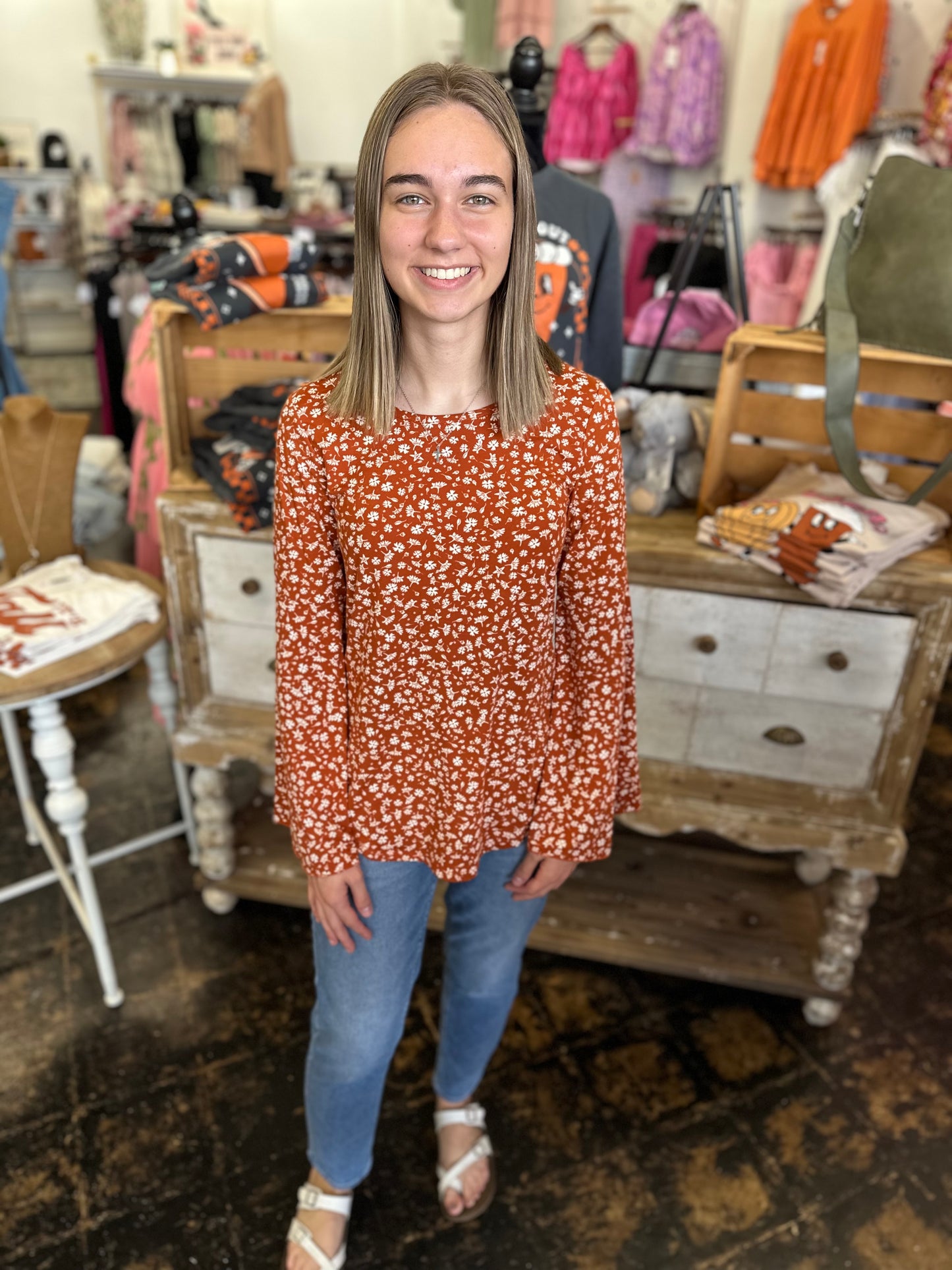 The Parker Bell Sleeve Top - Rust Floral