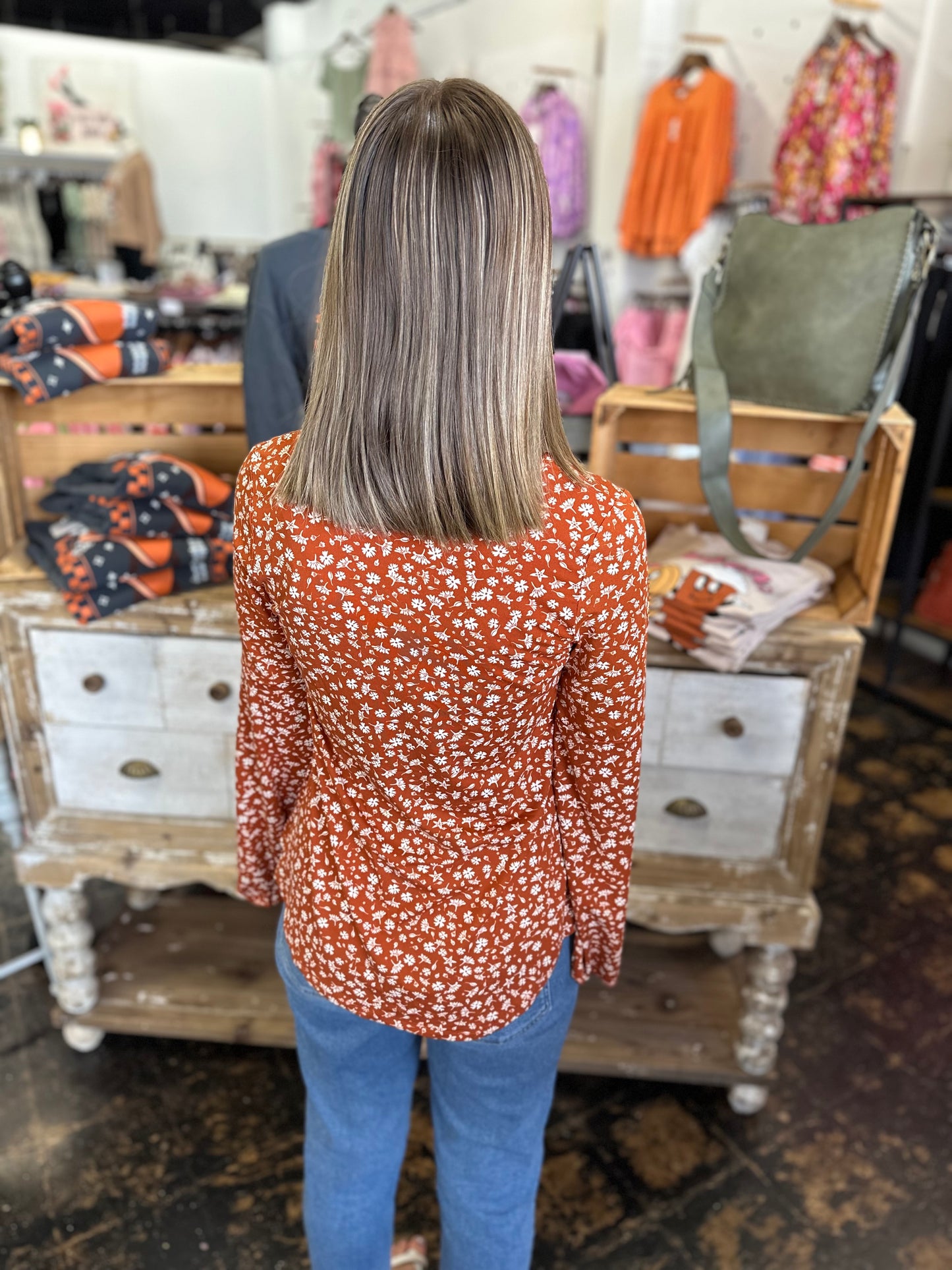 The Parker Bell Sleeve Top - Rust Floral