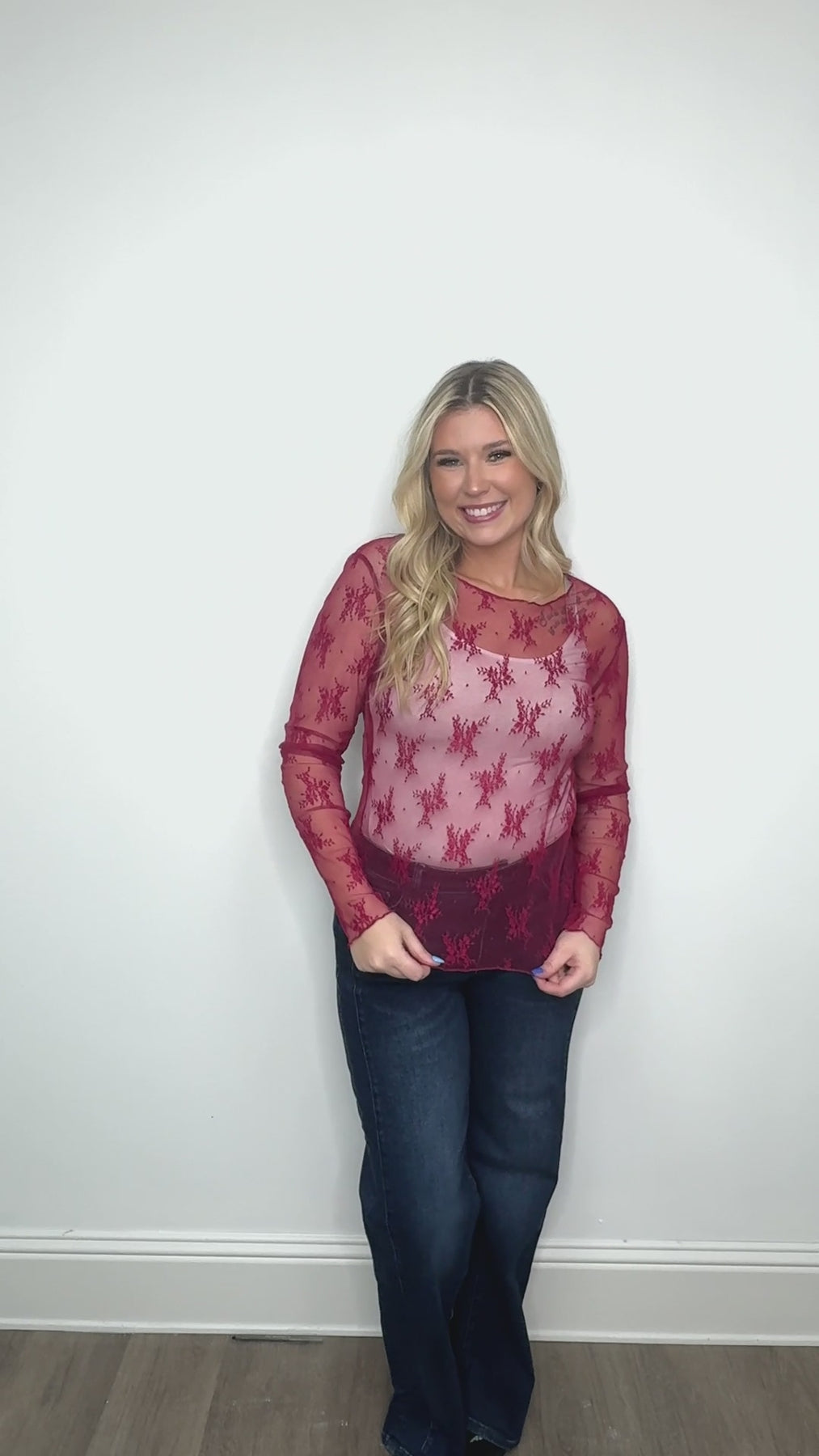 The Kimmie Mesh Long Sleeve Top - Red
